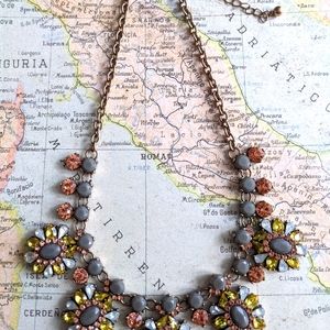 Antiqued Brass Statement Necklace w/ Gray/Pink/Green/Opal Rhinestones